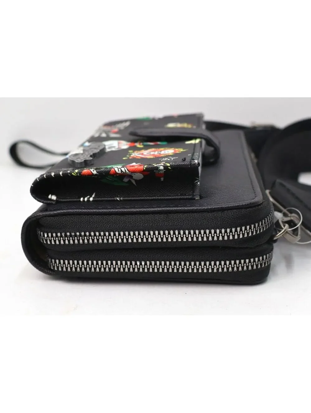 Ed Hardy Black Tattoo Print Crossbody Wallet with Adjustable Strap